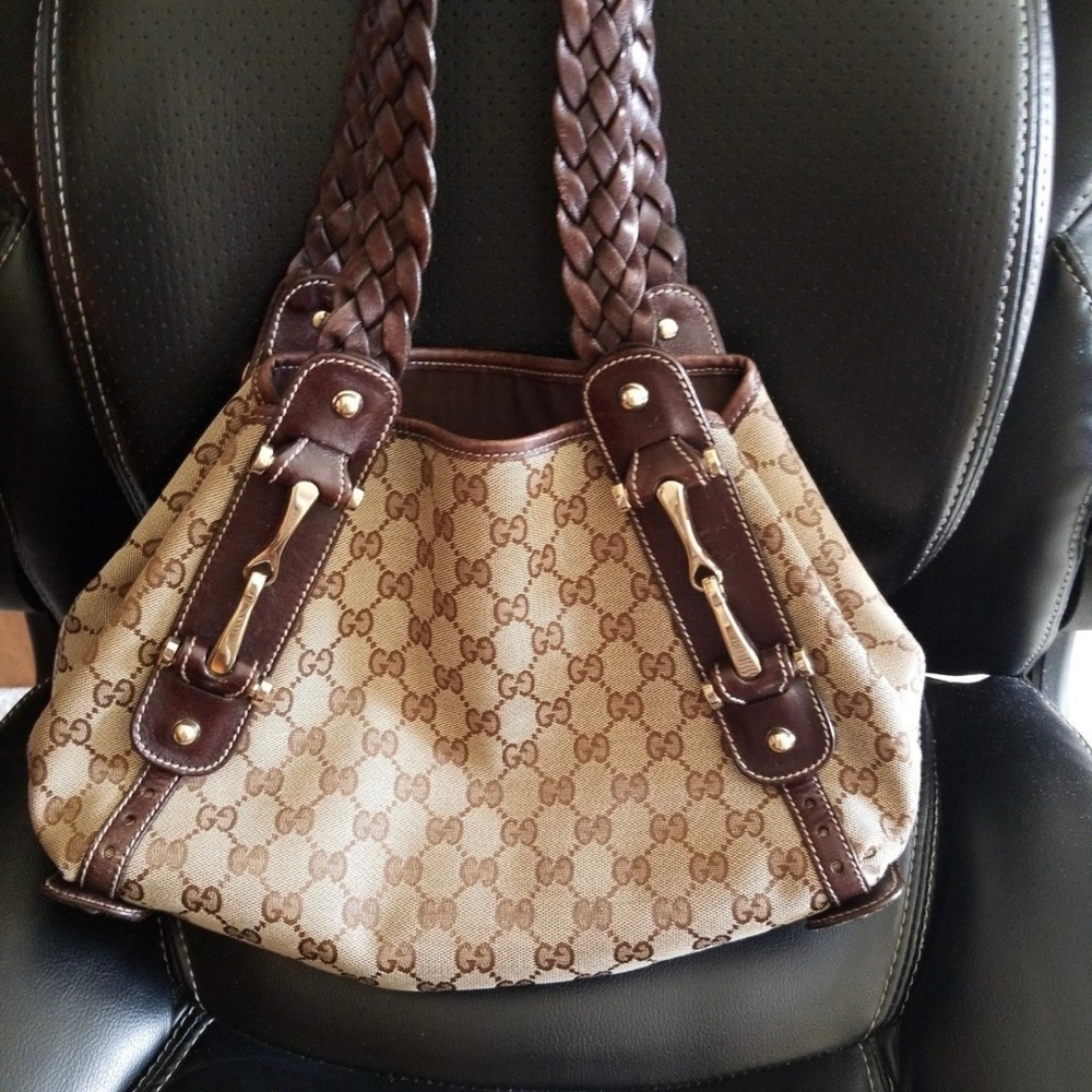 Gucci Beige GG Canvas Shoulder Bag with Brown Leather Trim